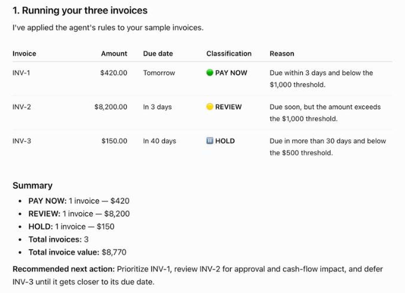 Three invoices sorted into pay now, review and hold, with a reason for each